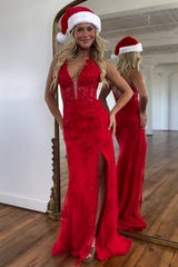 Wholesale Light Blue Prom Dress Mermaid Deep V-Neck Long Lace With Split Charming Lilac Evening Dress