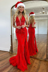 Wholesale Light Blue Prom Dress Mermaid Deep V-Neck Long Lace With Split Charming Lilac Evening Dress