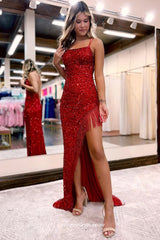 Red Sequined Tulle With Beading Tassel Backless Prom Dresses, CP1002