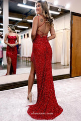 Red Sequined Tulle With Beading Tassel Backless Prom Dresses, CP1002