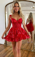 Red Straps Sequined Prom Dress Tulle Short Homecoming Dress Multi-Layers