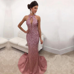Rose Pink Satin Halter Mermaid Crystal Prom Dresses