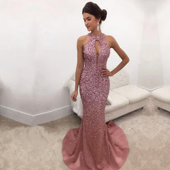 Rose Pink Satin Halter Mermaid Crystal Prom Dresses