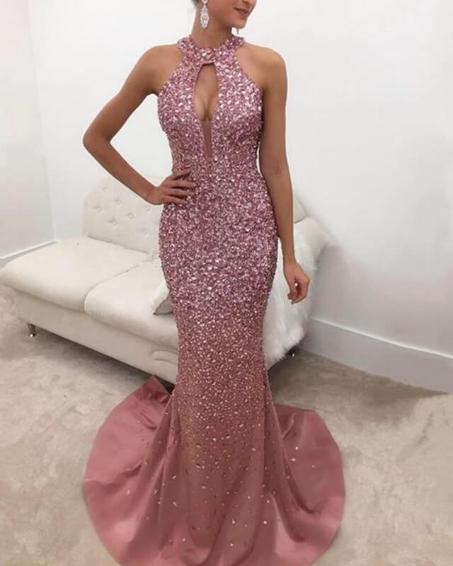 Rose Pink Satin Halter Mermaid Crystal Prom Dresses