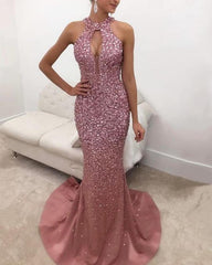 Rose Pink Satin Halter Mermaid Crystal Prom Dresses