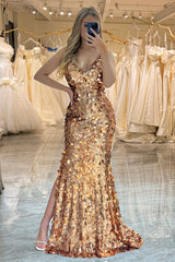 Golden Mermaid Spaghetti Straps Sparkly Sequin Prom Dress With Slit Sexy