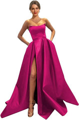 Womens Long Strapless Satin Prom Dress Sleeveless Slit Evening Ball Gown Off Shoulder Party Dress Wholesale