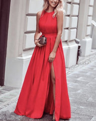 Round Neck Chiffon Long Split Prom Dresses With Lace Back