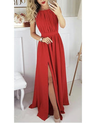 Round Neck Chiffon Long Split Prom Dresses With Lace Back