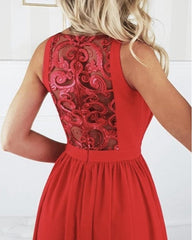 Round Neck Chiffon Long Split Prom Dresses With Lace Back