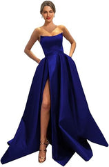 Womens Long Strapless Satin Prom Dress Sleeveless Slit Evening Ball Gown Off Shoulder Party Dress Wholesale