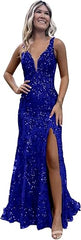 Women's Sparkly Sequin Mermaid Prom Dresses for Teens V Neck Long Formal Evening Party Dresses with Slit Wholesale