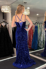 2024 Royal Blue Sequins Long Prom Dress Mermaid Straps Evening Dress UK with Slit