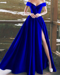 Elegant V-neck Off The Shoulder Long Satin Prom Dresses