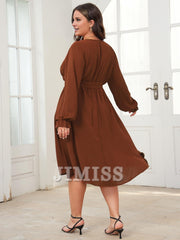 Plus size evening dress mid length dress winter long sleeved wrap V-neck belt A-line flowing party dress