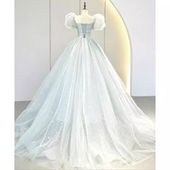 Pretty Ball Gown Square Neckline Short Sleeves Long Evening Party Dress Prom Dresses PD0040