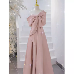 Pretty A line One Shoulder Pink Satin Long Evening Party Dress Prom Dresses With Bowknot PD0041