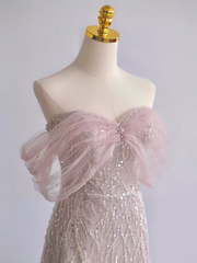 Pretty A line Off The Shoulder Pink Sequin Long Evening Party Dress Prom Dresses With Beads PD0042