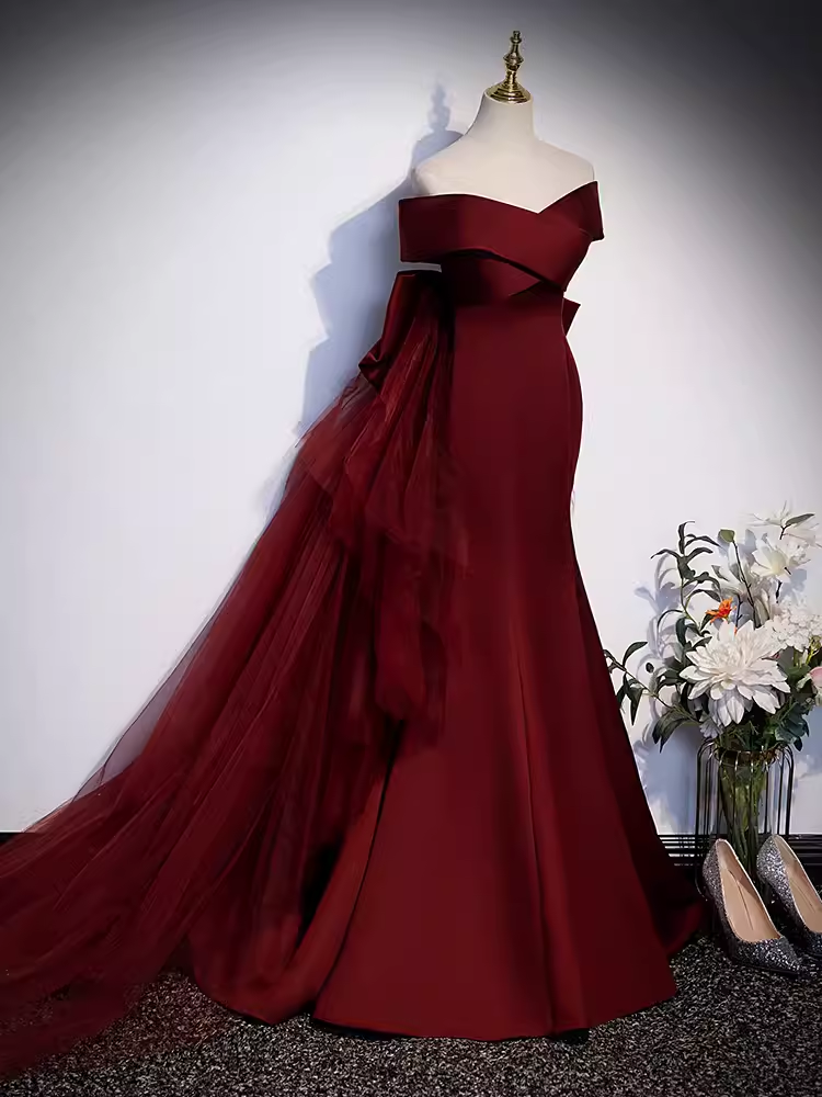 Pretty A line Off The Shoulder Burgundy Satin Long Evening Party Dress Prom Dresses With Bow PD0044