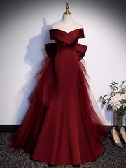 Pretty A line Off The Shoulder Burgundy Satin Long Evening Party Dress Prom Dresses With Bow PD0044