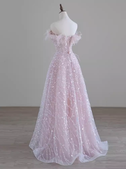 Pretty A line Off The Shoulder Pink Sequin Long Evening Party Dress Prom Dresses PD0045