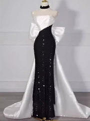 Vintage Mermaid Strapless Sequin Black Long Prom Dress Formal Dresses PD0047