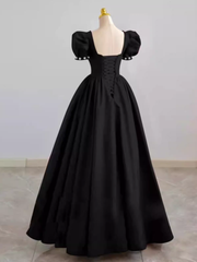 Vintage Ball Gown Sweetheart Satin Black Long Prom Dress Formal Dresses PD0049