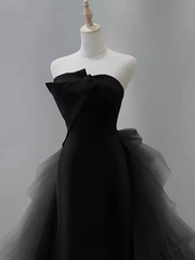 Vintage Sheath Strapless Satin Black Tulle Long Prom Dress Formal Dresses PD0050