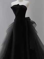 Vintage Sheath Strapless Satin Black Tulle Long Prom Dress Formal Dresses PD0050