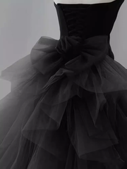 Vintage Sheath Strapless Satin Black Tulle Long Prom Dress Formal Dresses PD0050