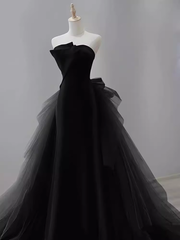 Vintage Sheath Strapless Satin Black Tulle Long Prom Dress Formal Dresses PD0050