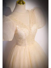 Pretty A line V Neckline Short Sleeves Long Evening Party Dress Prom Dresses PD0052