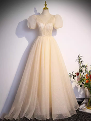 Pretty A line V Neckline Short Sleeves Long Evening Party Dress Prom Dresses PD0052