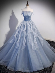 Vintage Ball Gown Strapless Satin Dusty Blue Tulle Long Prom Dress Formal Dresses PD0054