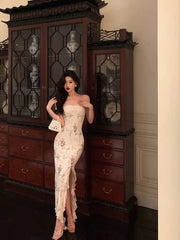 Classy Sheath Strapless Floral Ivory Long Prom Dresses Birthday Outfits Evening Gown SD1001