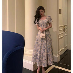 Classy A line Square neckline Blue Chiffon Long Prom Dresses Birthday Outfits Evening Gown SD1013