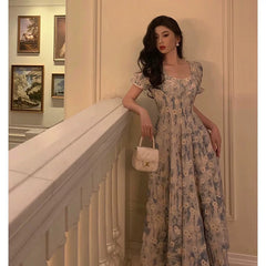 Classy A line Square neckline Blue Chiffon Long Prom Dresses Birthday Outfits Evening Gown SD1013