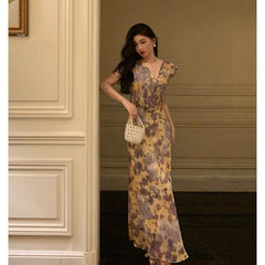 Sexy French Sheath V Neckline Floral Long Prom Dresses Birthday Outfits Evening Gown SD1031