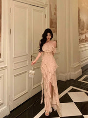 Classy Sheath Spaghetti Straps Floral Long Slit Prom Dresses Birthday Outfits Evening Gown SD1055