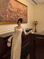 Gorgeous A line Long Sleeves Lace Date Night Dress Long Prom Dresses Birthday Outfits SD1066