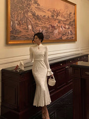 Gorgeous Mermaid High Neckline Ivory Satin Date Night Dress Prom Dresses Birthday Outfits SD1098