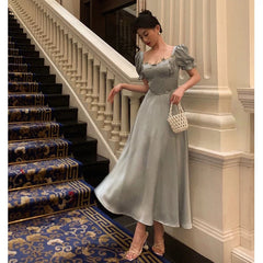 Classy A Line Sweetheart Blue Satin Prom Dresses Birthday Outfits Evening Gown SD1109