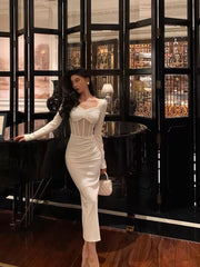 Classy Sheath Long Sleeves White Prom Dresses Birthday Outfits Evening Gown SD1116