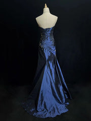 Sexy Sweetheart Sleeveless Mermaid Satin Long Navy Blue Prom Dresses SD1291