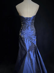 Sexy Sweetheart Sleeveless Mermaid Satin Long Navy Blue Prom Dresses SD1291