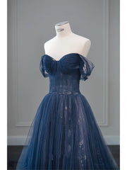 Pretty Ball Gown Off The Shoulder Navy Blue Tulle Long Prom Dresses Party Dress SD1326