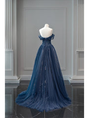 Pretty Ball Gown Off The Shoulder Navy Blue Tulle Long Prom Dresses Party Dress SD1326