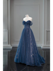 Pretty Ball Gown Off The Shoulder Navy Blue Tulle Long Prom Dresses Party Dress SD1326