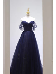 Pretty Ball Gown Off The Shoulder Navy Blue Tulle Long Prom Dresses Party Dress SD1326
