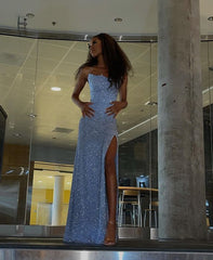 Pretty Mermaid Spaghetti Straps Sequin Slit Blue Long Prom Dresses Party Dress SD1333